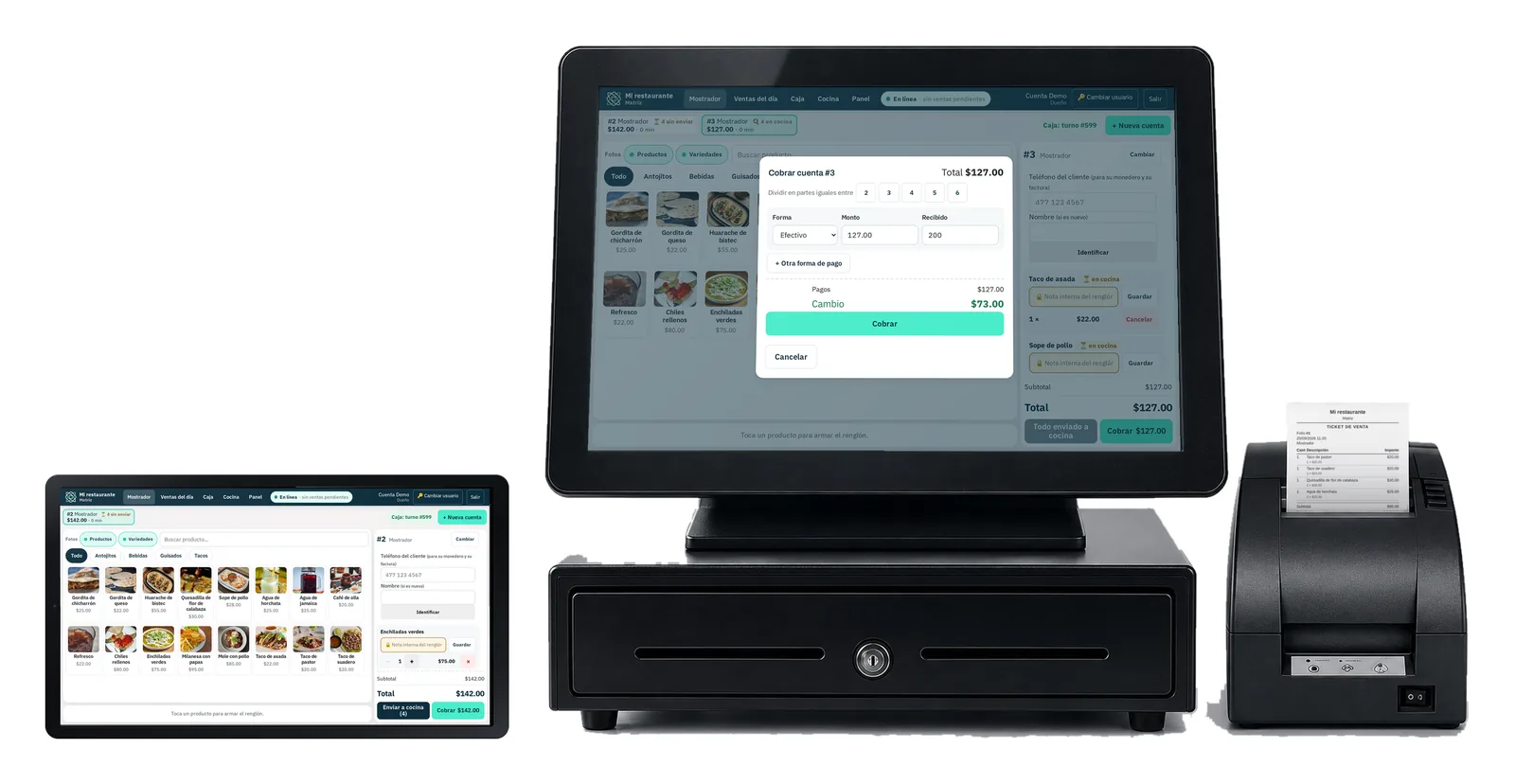 Los equipos juntos: la tablet de 11 pulgadas, la terminal táctil de 15 pulgadas sobre el cajón de dinero opcional y la impresora de tickets con un ticket recién impreso, con Restware en las pantallas.