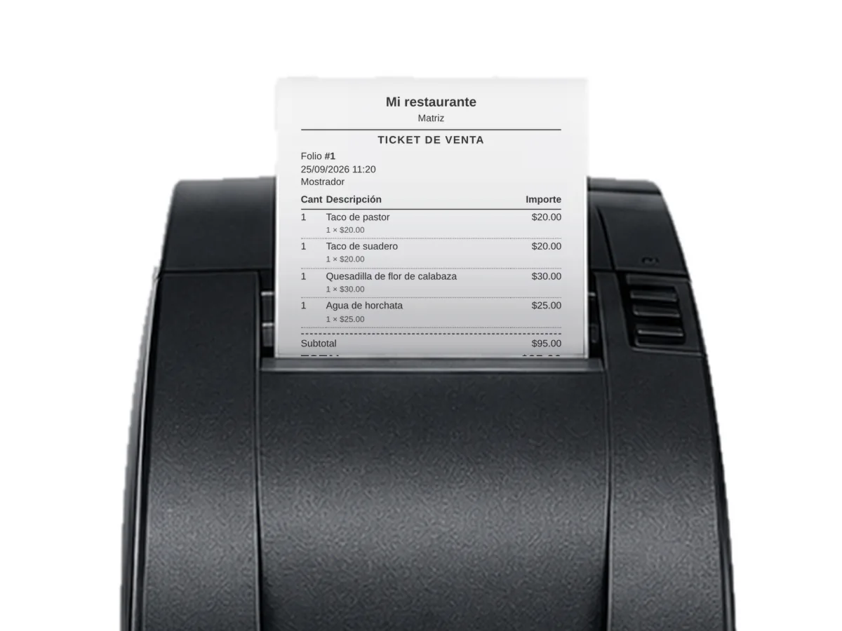 La impresora térmica de 80 mm de cerca, con un ticket de Restware saliendo: el nombre del negocio, el folio, la fecha y los renglones de la venta.