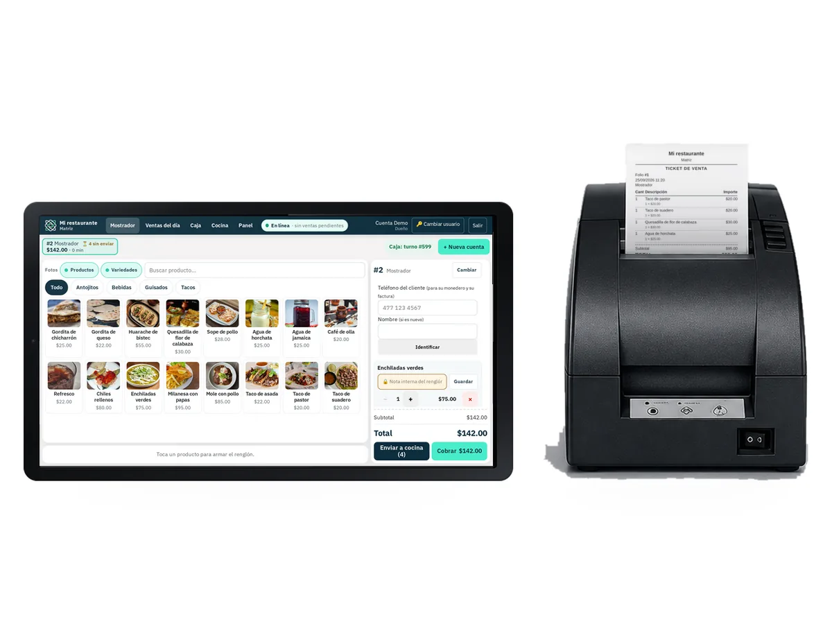 La tablet de 11 pulgadas con el mostrador de Restware abierto, junto a la impresora de tickets con un ticket recién impreso.