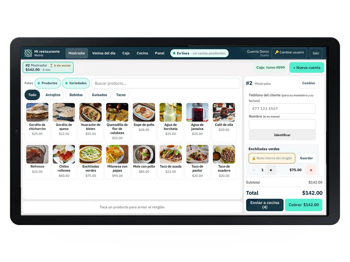 La tablet de cerca: el menú con fotos a la izquierda y, a la derecha, la cuenta abierta con su total y los botones de enviar a cocina y de cobrar.
