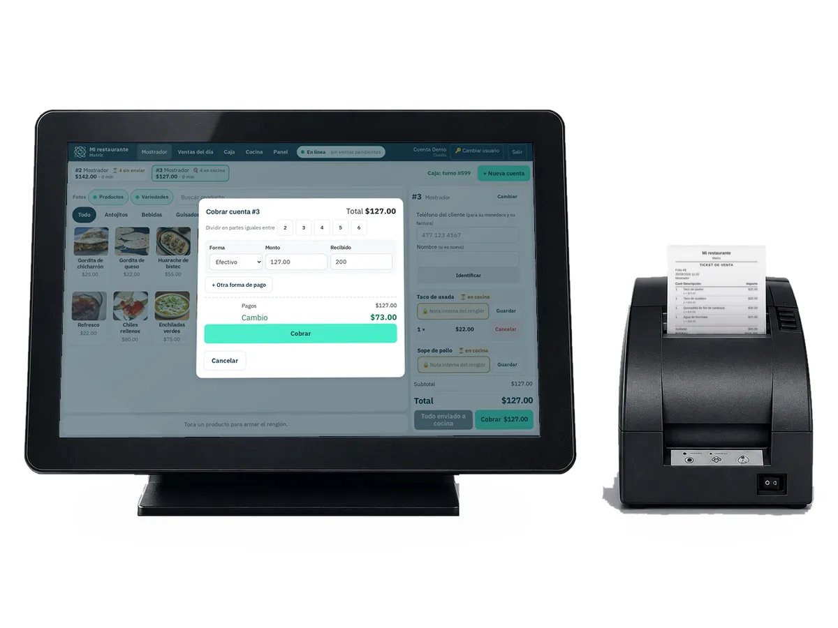 La terminal táctil de 15 pulgadas con la ventana de cobro de Restware abierta —el total, lo recibido y el cambio—, junto a la impresora de tickets con un ticket recién impreso.