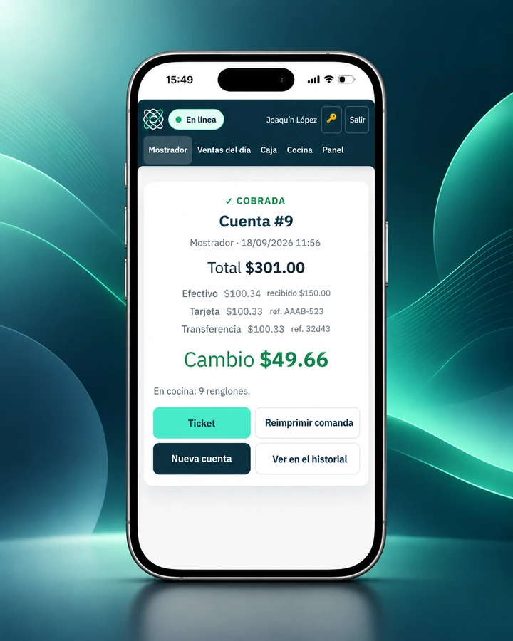 Un celular con la cuenta ya cobrada en Restware: el total, lo pagado en efectivo, tarjeta y transferencia con sus referencias, y el cambio en grande.